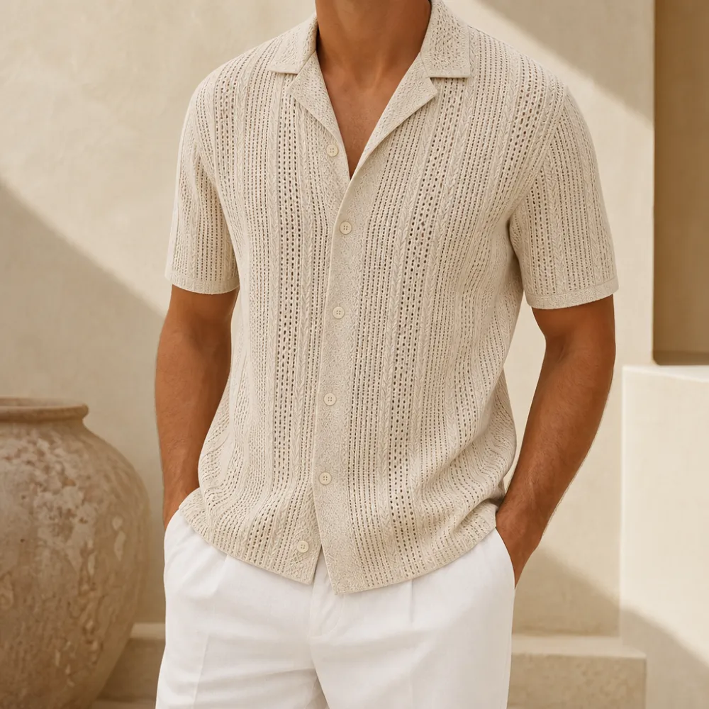 Men’s Open-Knit Short Sleeve Button-Up Shirt
