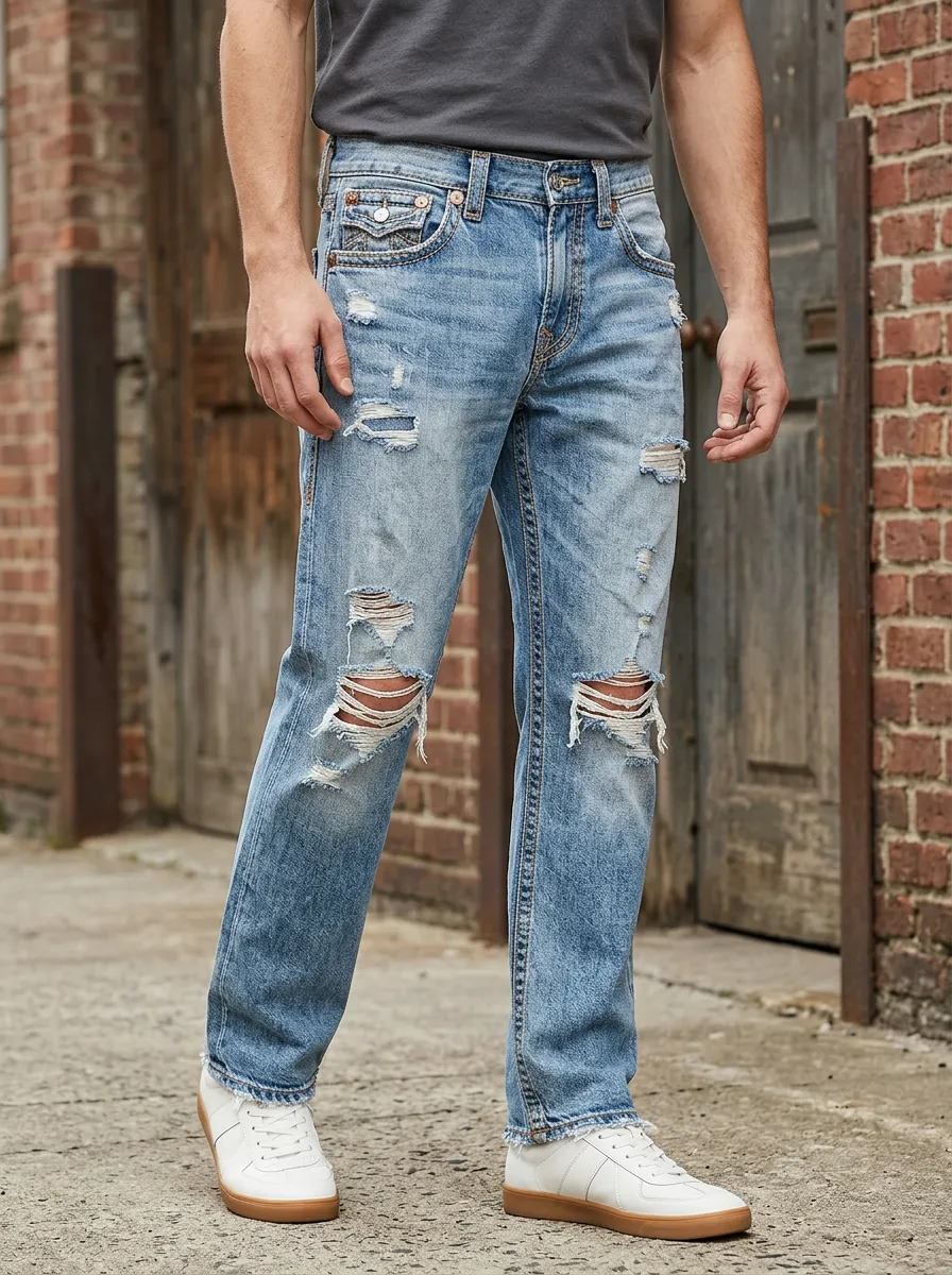 Men's Wash Button Fly Detail Ripped Jeans
