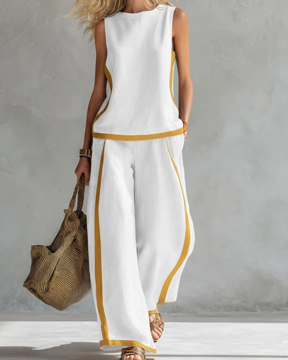 Sleeveless Contrast Trim Top Wide Leg Pants Set Breezy Summer Outfit