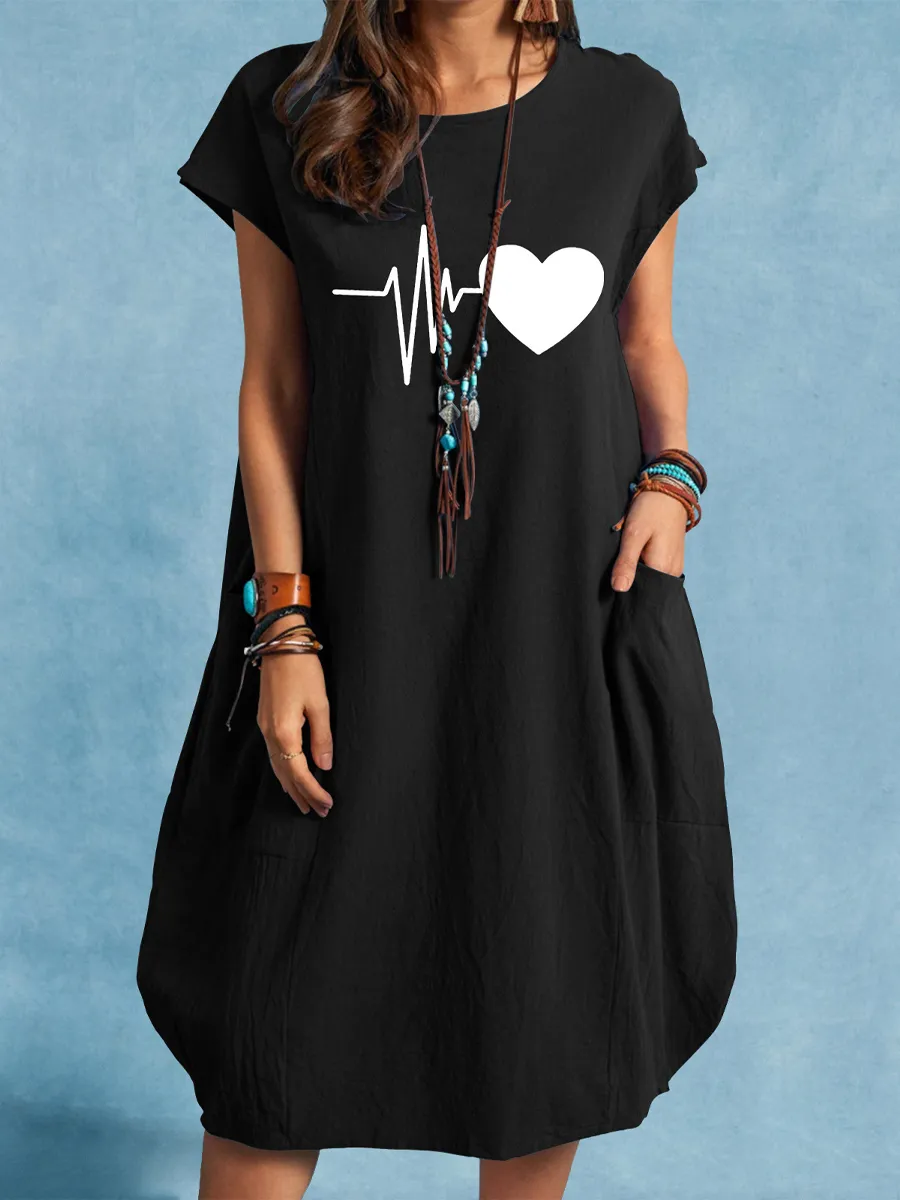Casual Loose Heart Print Pocket Crew Neck Short Sleeve Midi Dress