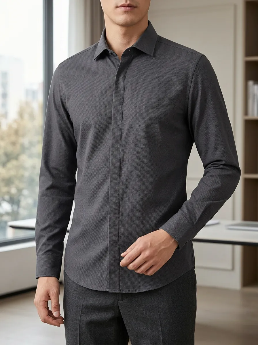 Men's Business Casual Dark Grey Textured Slim Fit Shirt