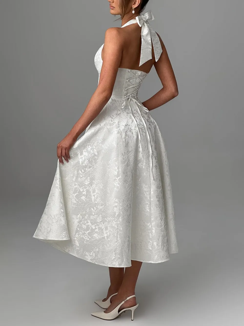 Vintage Elegant Jacquard V Neck Halter Midi Dress