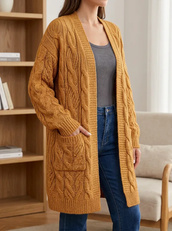 Women's Cable Knit Open-Front Open- Design No Closures Long Cardigan