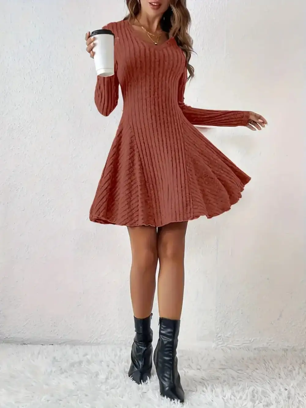 Ribbed Knit Long Sleeve Sweater Dress