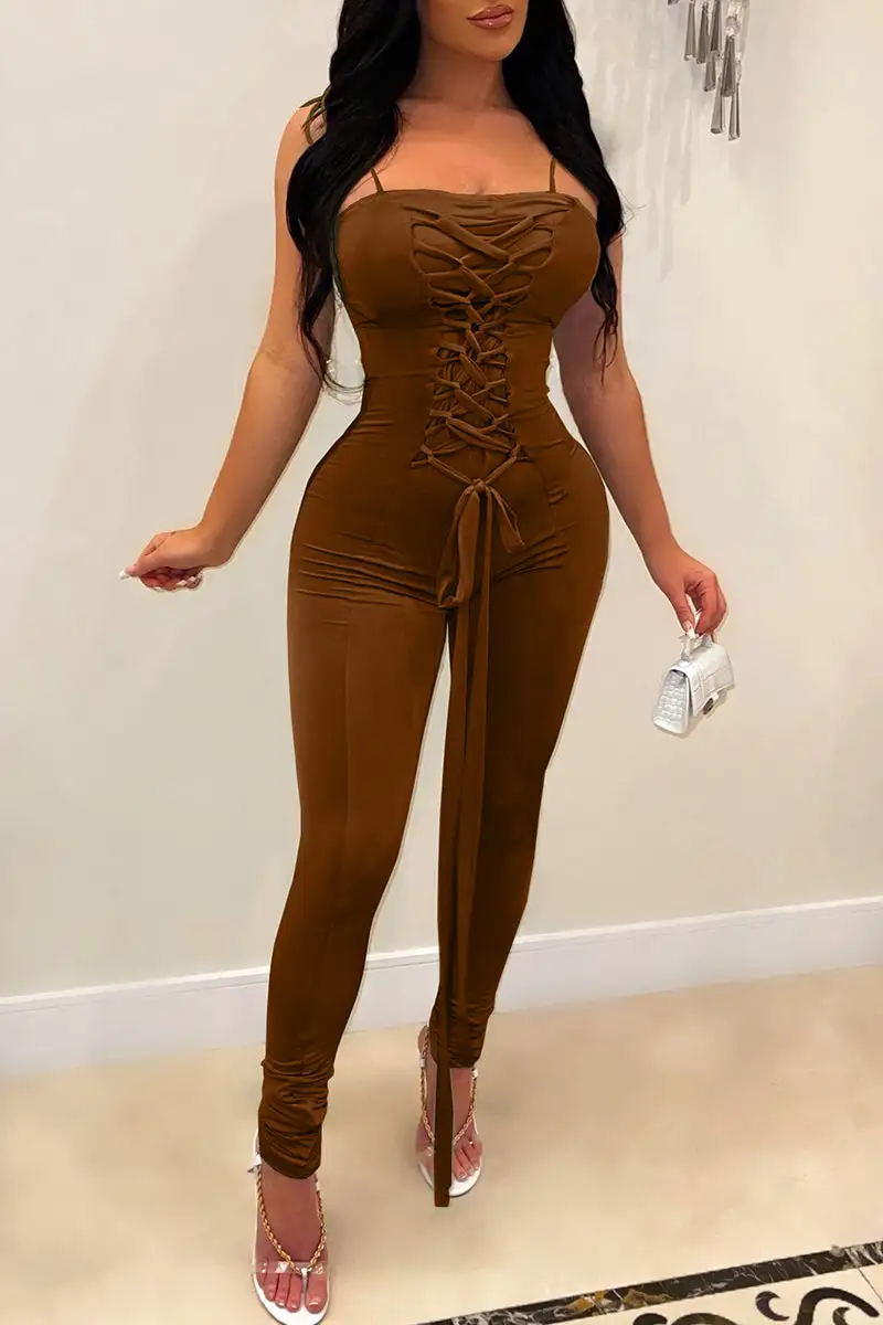 Fashion Sexy Solid Bandage Backless Spaghetti Strap Skinny Jumpsuits