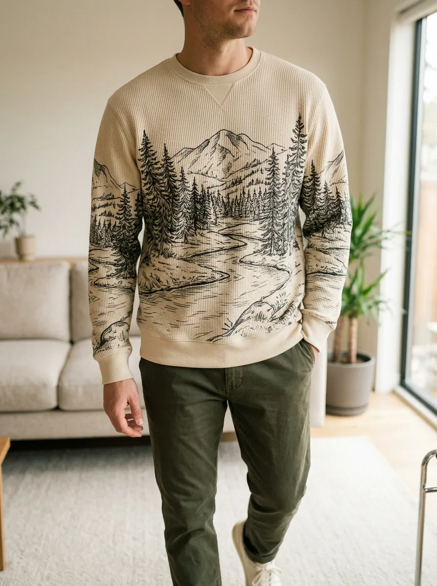 Men's Nature Lover Mountain Forest Landscape Printed Waffle Knit Sweatshirt
