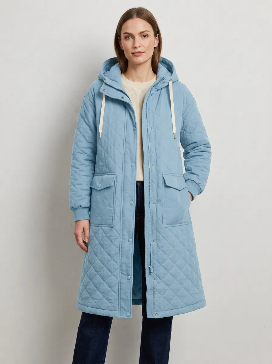 City Printed Quilted Long Hooded Coat