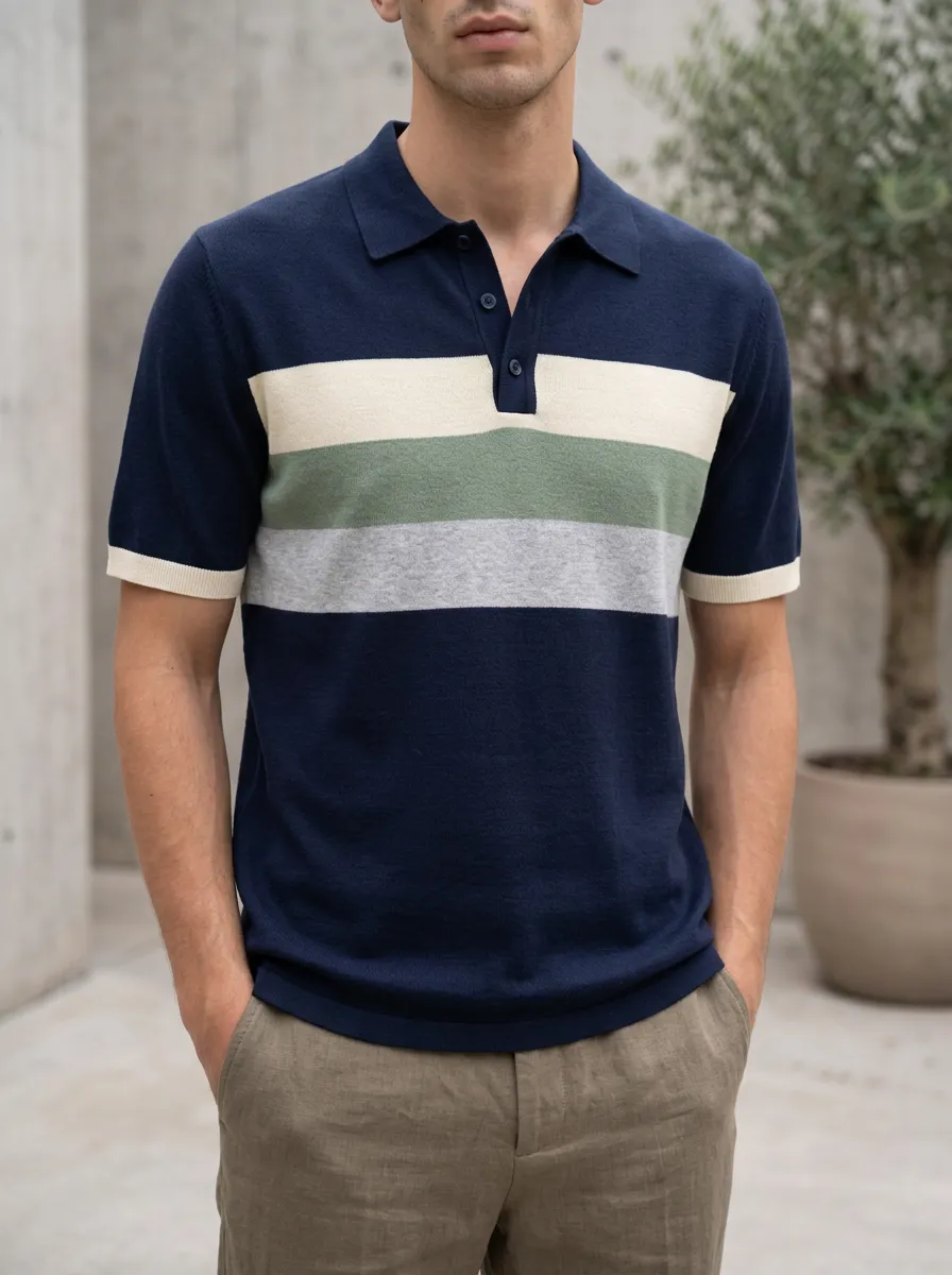 Men's Casual Style Colorblock Striped Pattern Knitted Polo Shirt