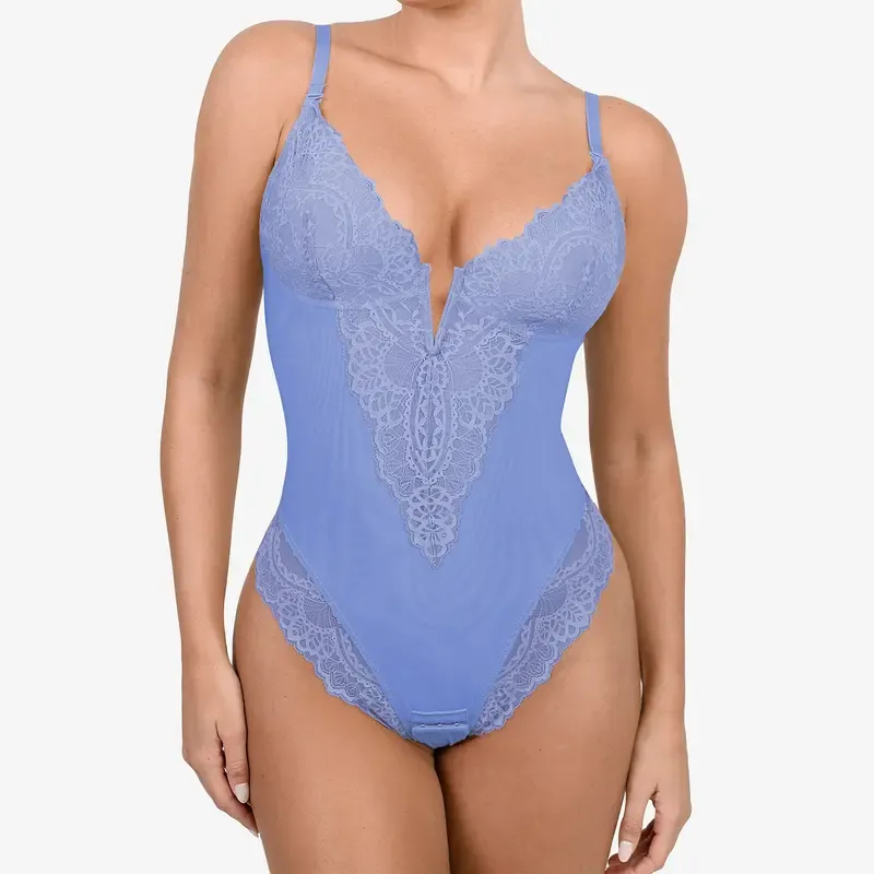 Womens Deep V Lace Bodysuit Built-in Shapewear Breathable Shaping Tops