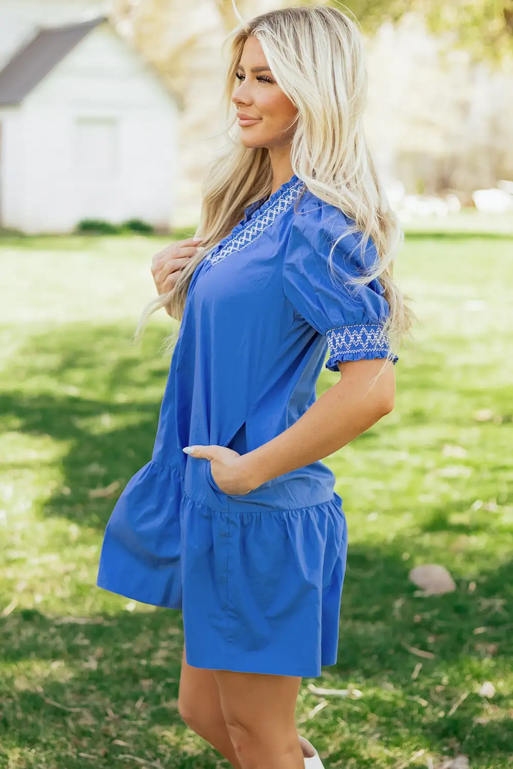 Embroidered V Neck Smocked Mini Dress