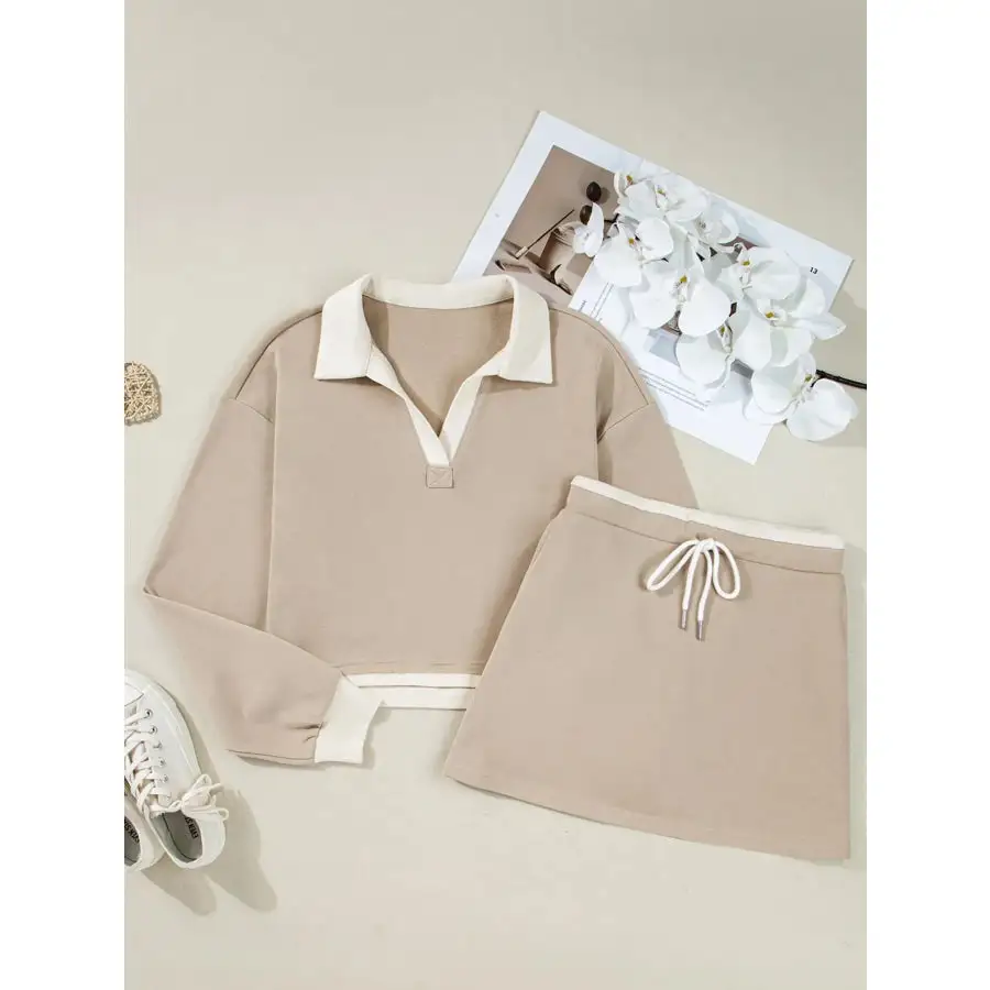 Contrast Collared Neck Top and Drawstring Mini Skirt Set