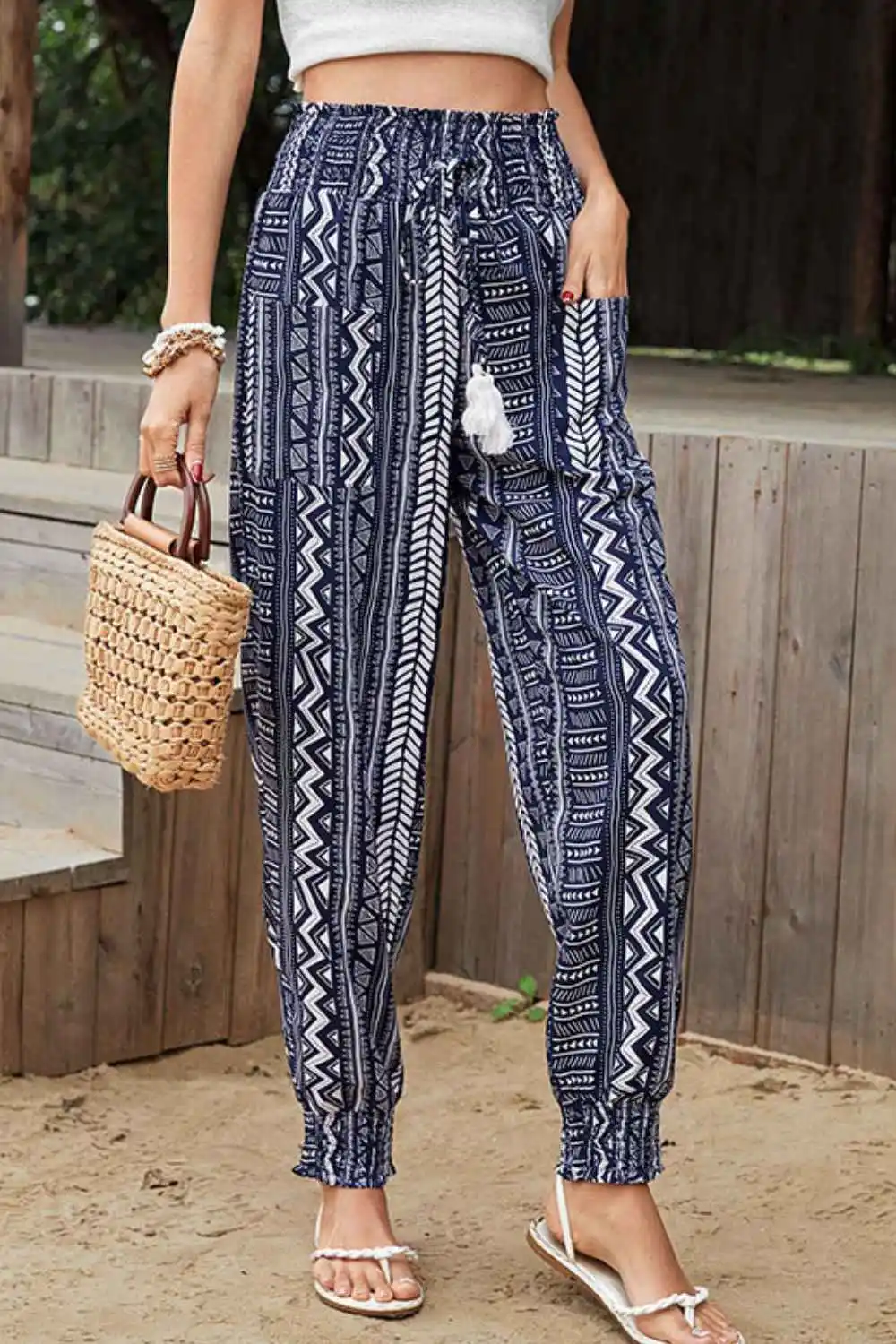 Geometric Print Tassel High-rise Pants