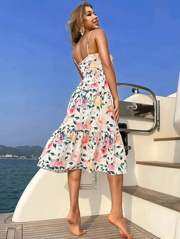 Women Ruched Cut-out Ruffle Hem Floral Cami Dress