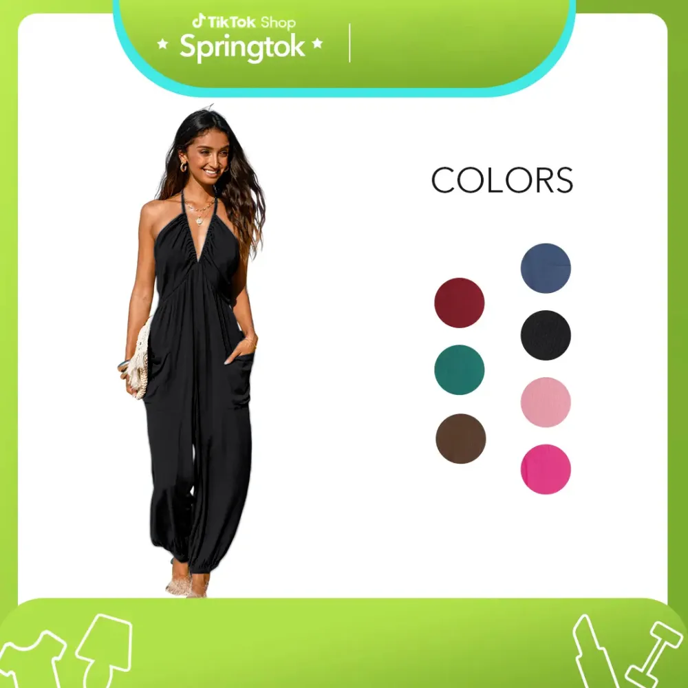 Women'S Basic Plunge Halter Sleeveless Pleated Long Romper Knit Jogger Maxi Jumpsuit With Pockets Spring Summer Womenswear Overalls