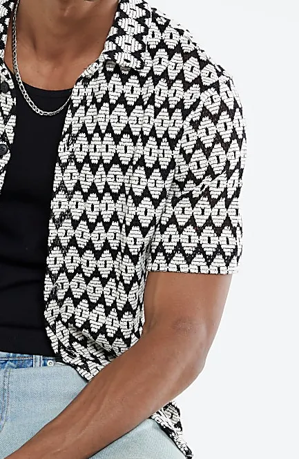 Men's Knitted Diamond Black  Regular Fit Shirt Short Sleeves