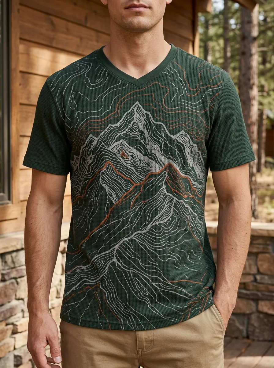 Men's Hiking Lover Mountain Topographic Printed V-Neck T-Shirt