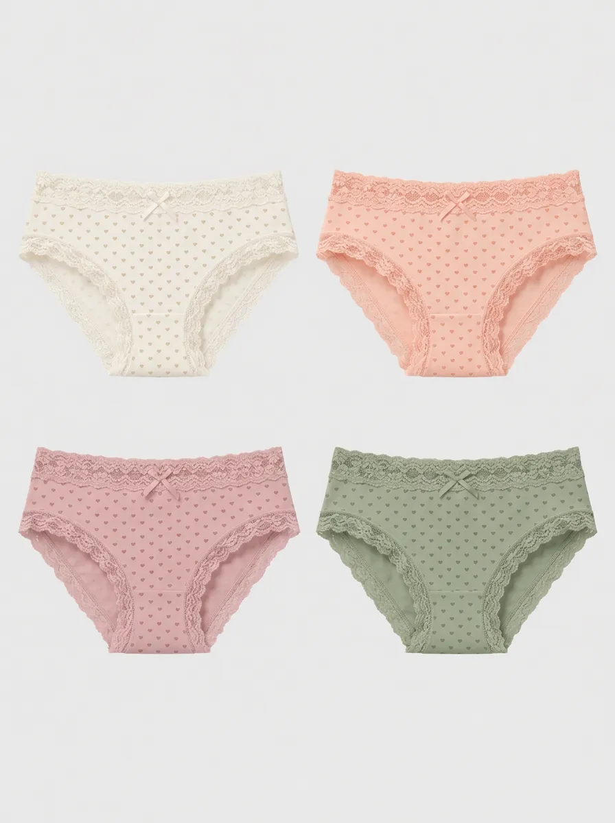 Women's Multicolor Heart Patterned Lace-Trim Briefs Multi-Pack