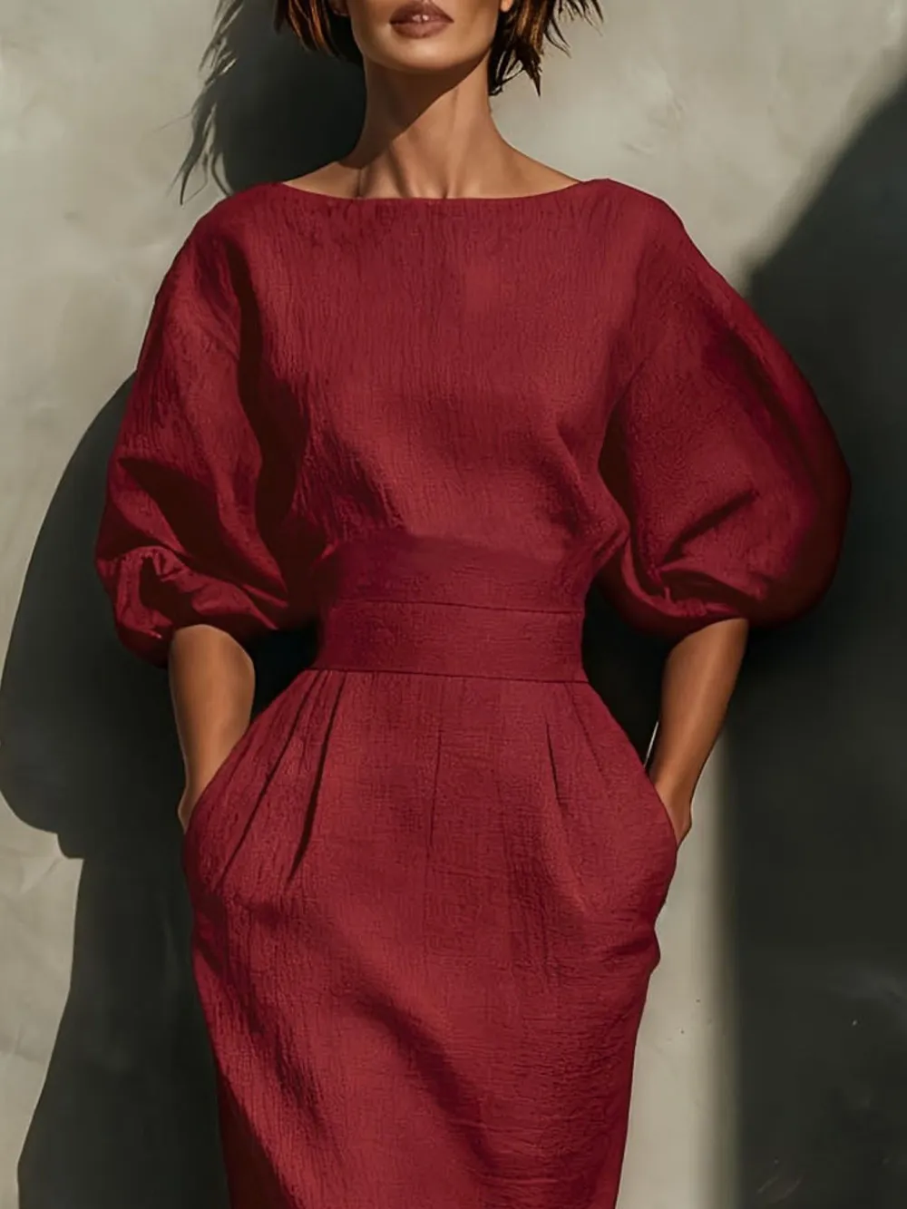 Round Neck Puff Sleeve Midi Dress