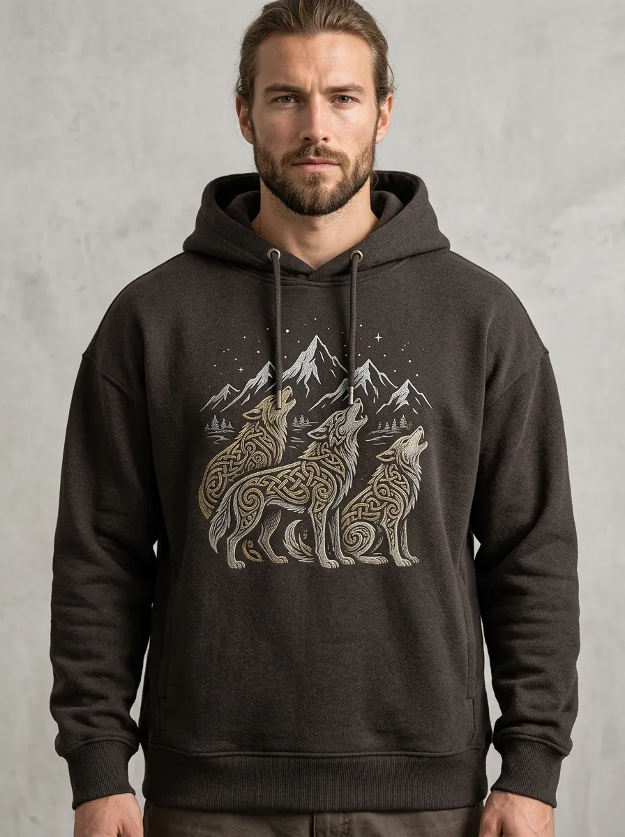 Men's Wolf Pullover Relaxed Knotwork Hoodie