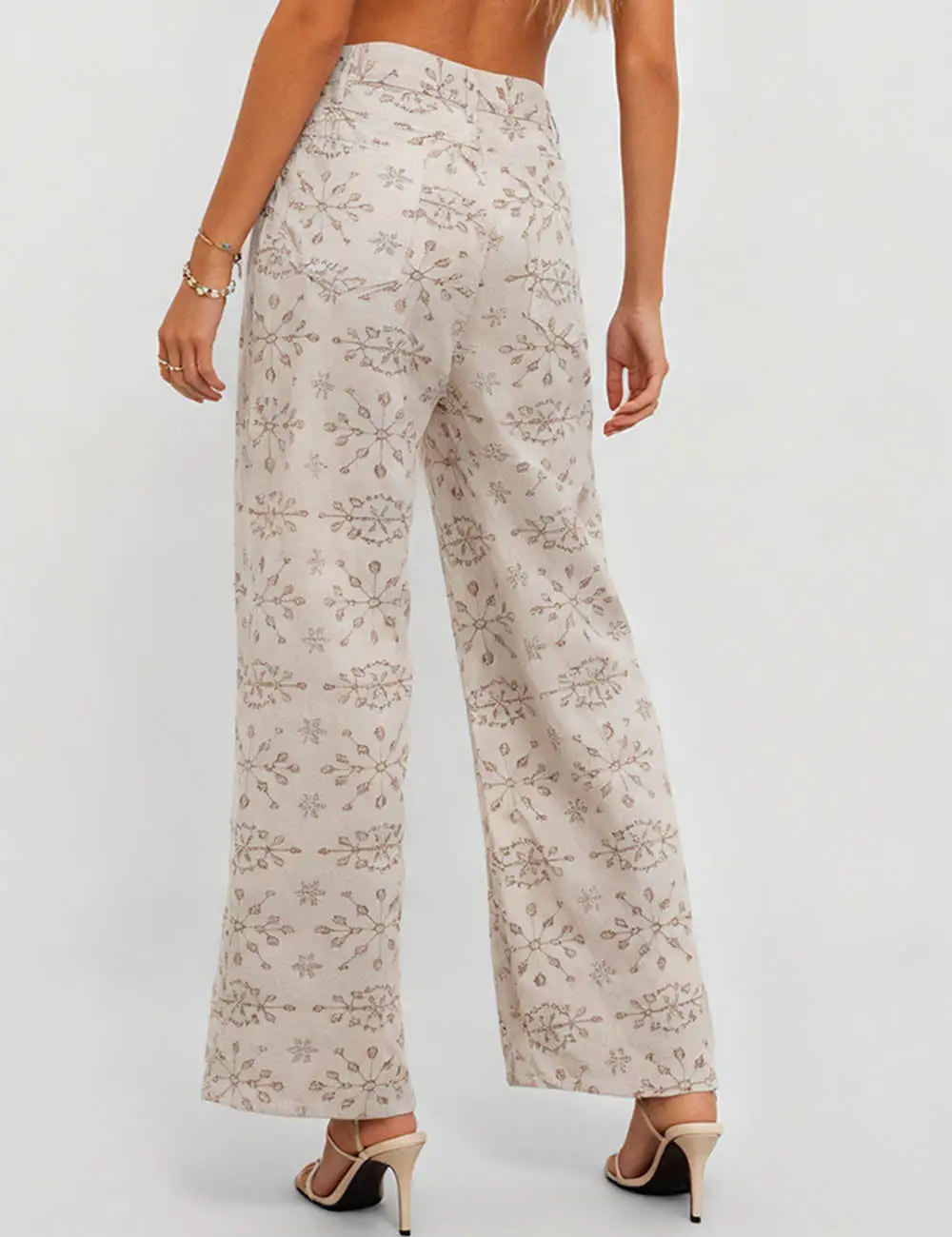 Geometric Jacquard Button Front Wide Leg Denim Pants