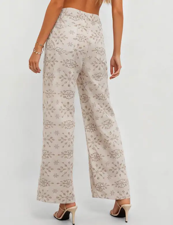 Geometric Jacquard Button Front Wide Leg Denim Pants