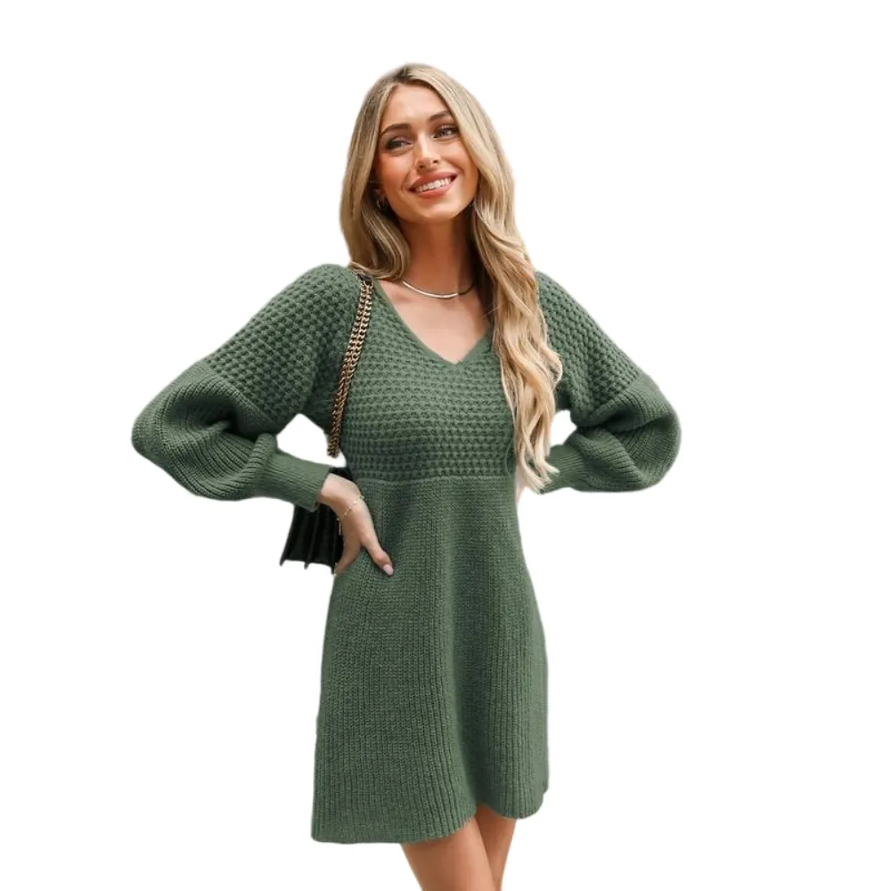 Women's Casual Sweater Dress for Christmas VNeck Honeycomb Long Sleeve Textured Knit Pullover Dresses Womenswear Fall Dress Early Autumn
