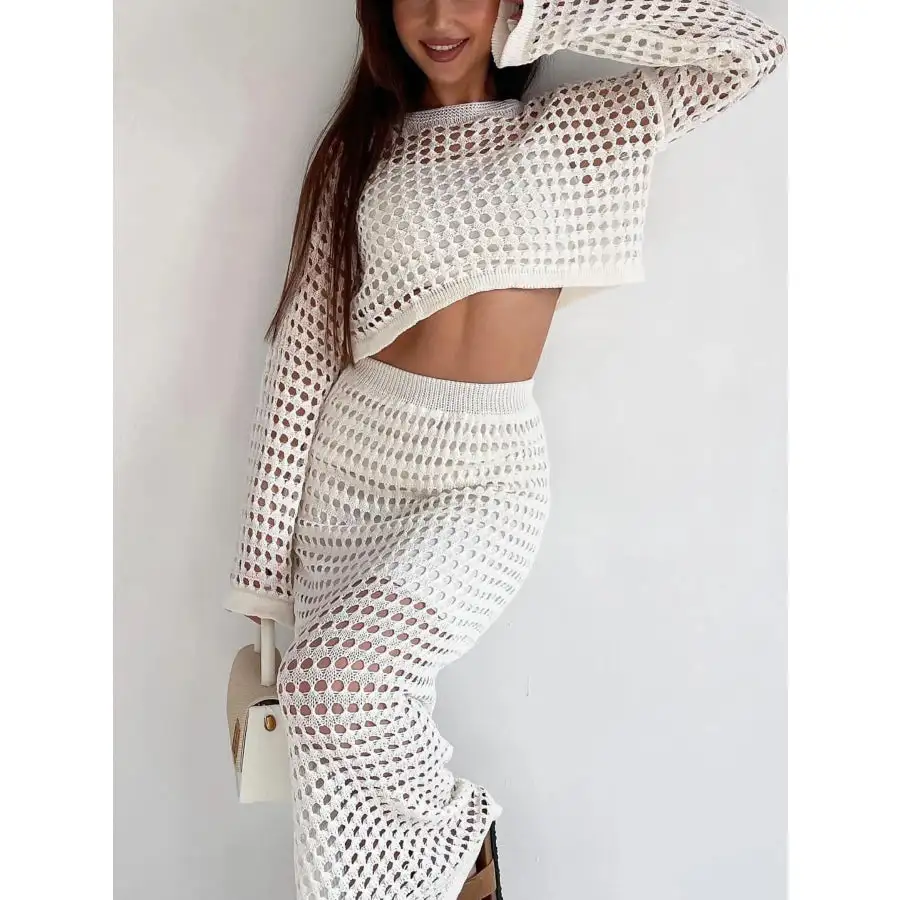 Hollow Out Long Sleeve Top and Skirt Knit Set