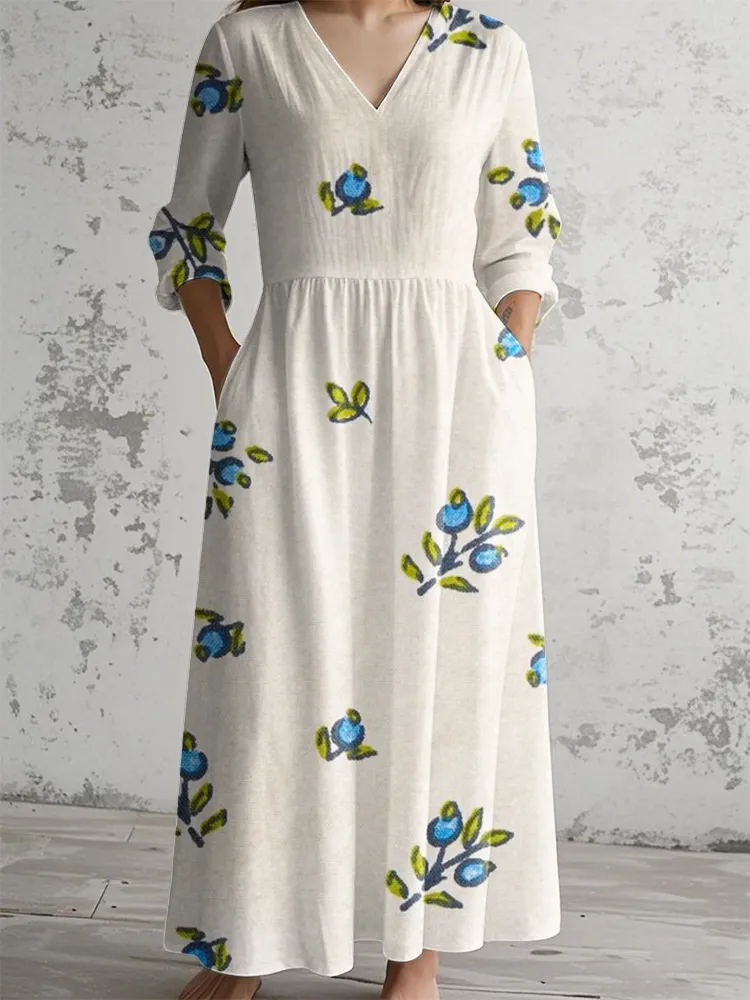 Grass Graffiti Print Long-Sleeve V-Neck Dress