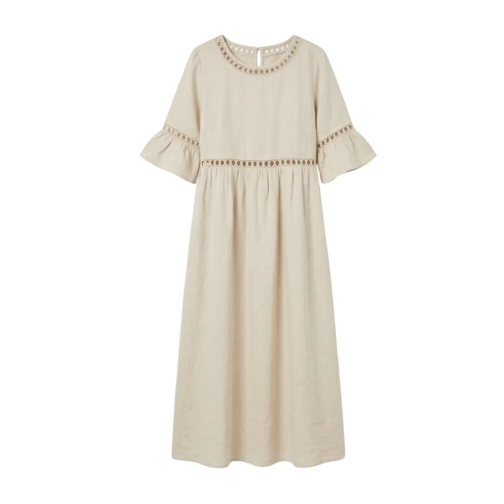 Lace Trim Linen Blend Cotton Blend Midi Dress