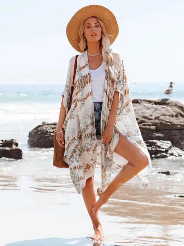 Mid Length Slit Chiffon Printed Sunscreen Swimsuit