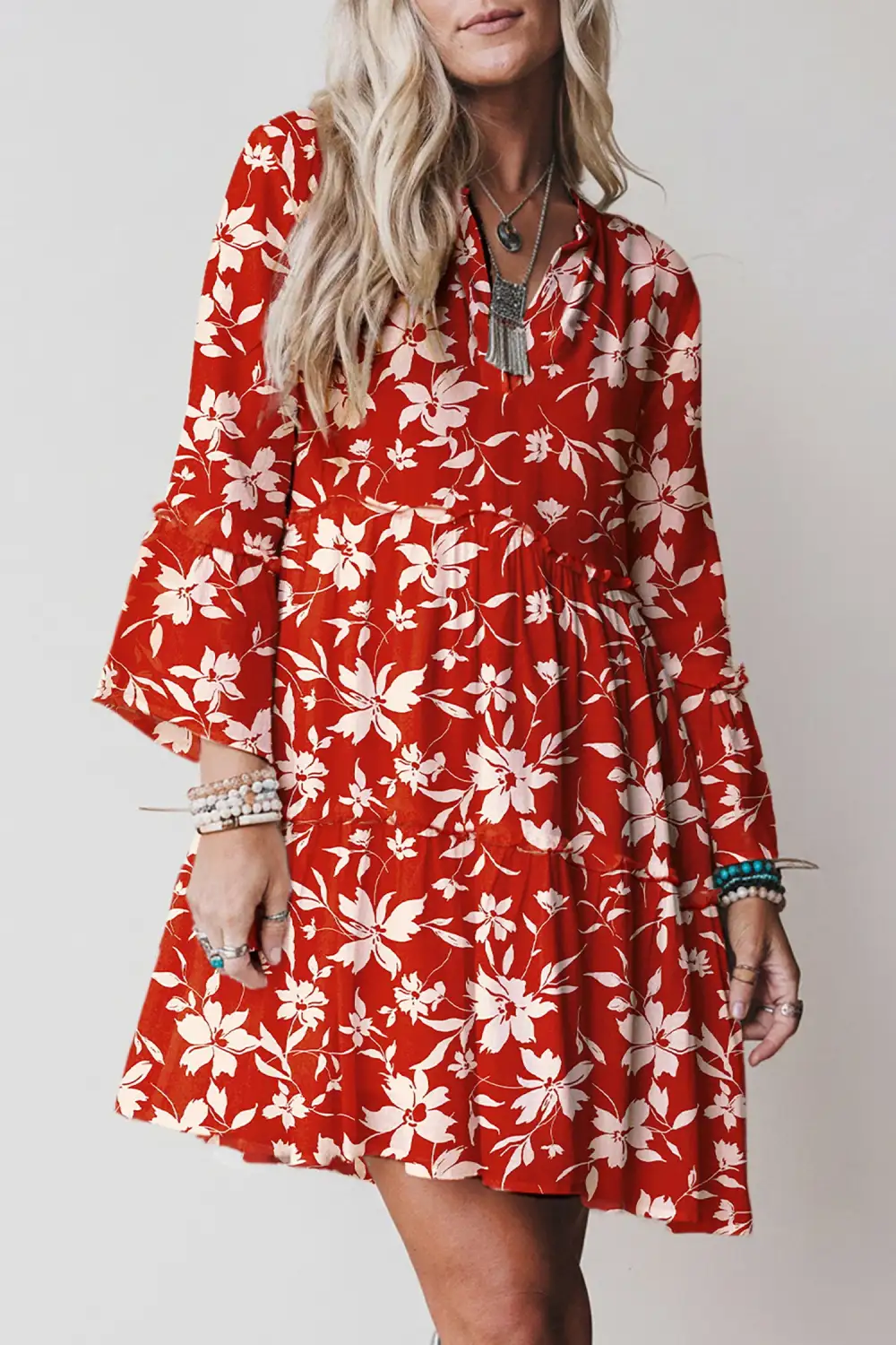 Boho Lettuce Trim Three Quarter Sleeve Mini Dress