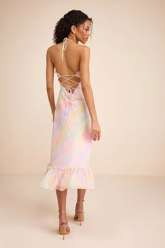 Jamaya Multi Abstract Floral Lace-Up Midi Dress