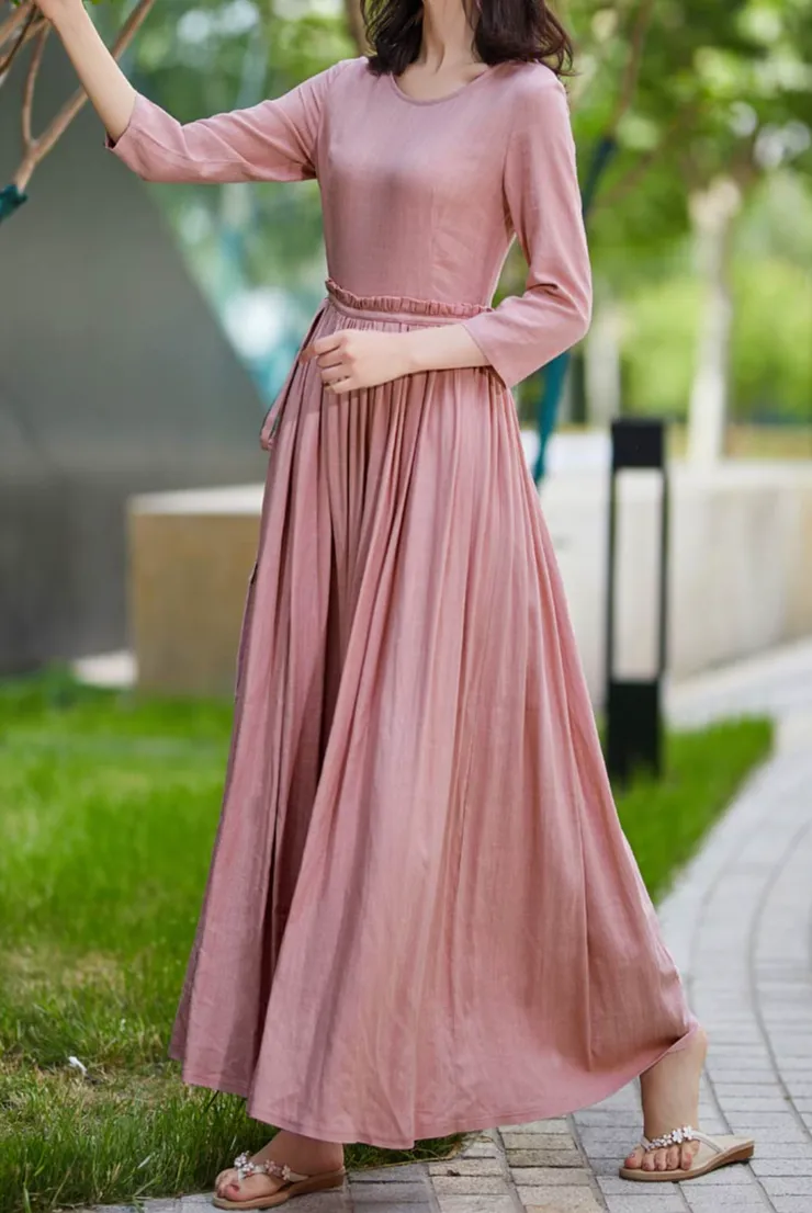 Refined Linen Cotton Fit And Flare Ruffle Maxi Dress