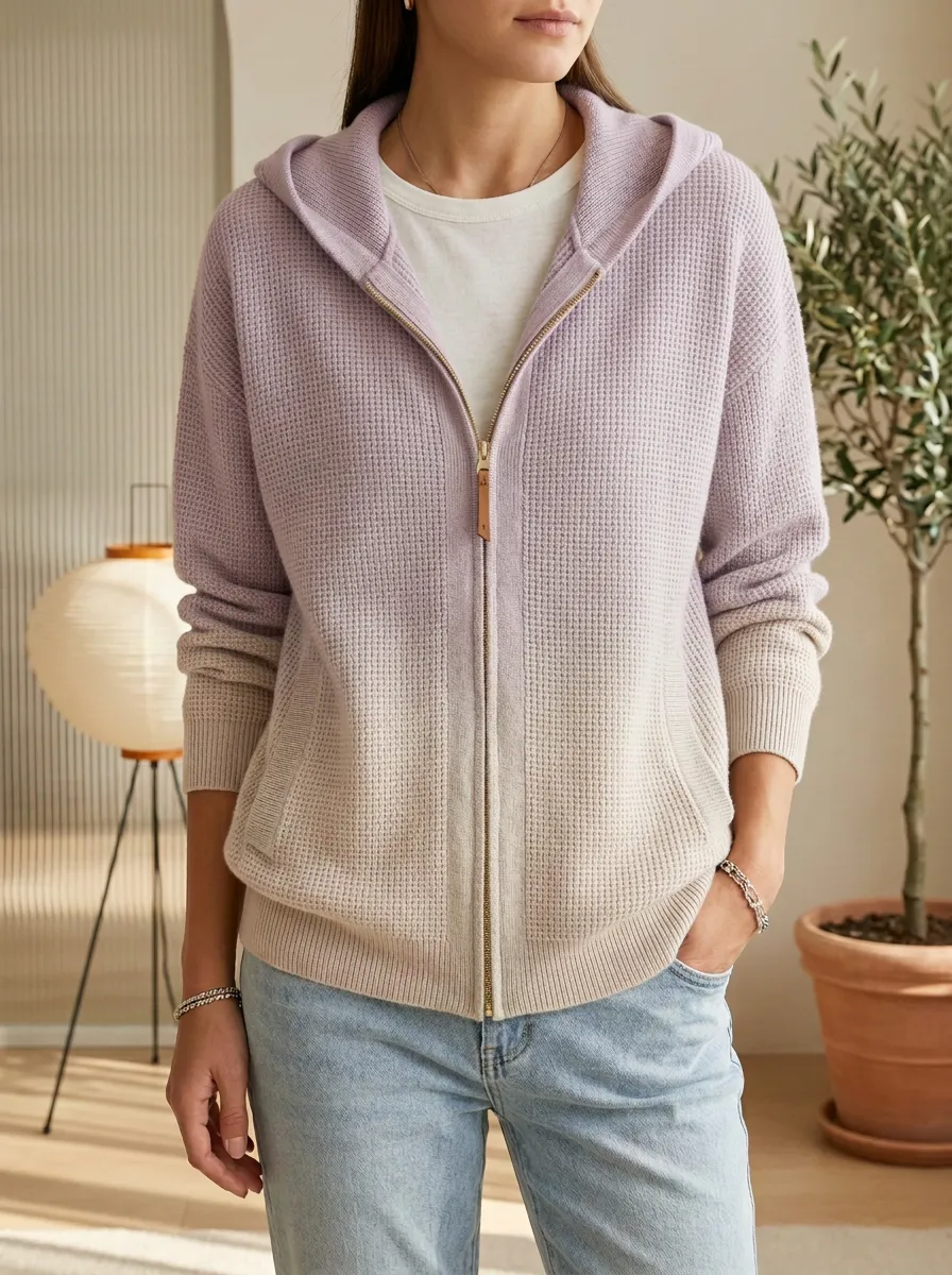 Waffle-Knit Zip-Up Ombre Women's Hooded Knit Cardigan