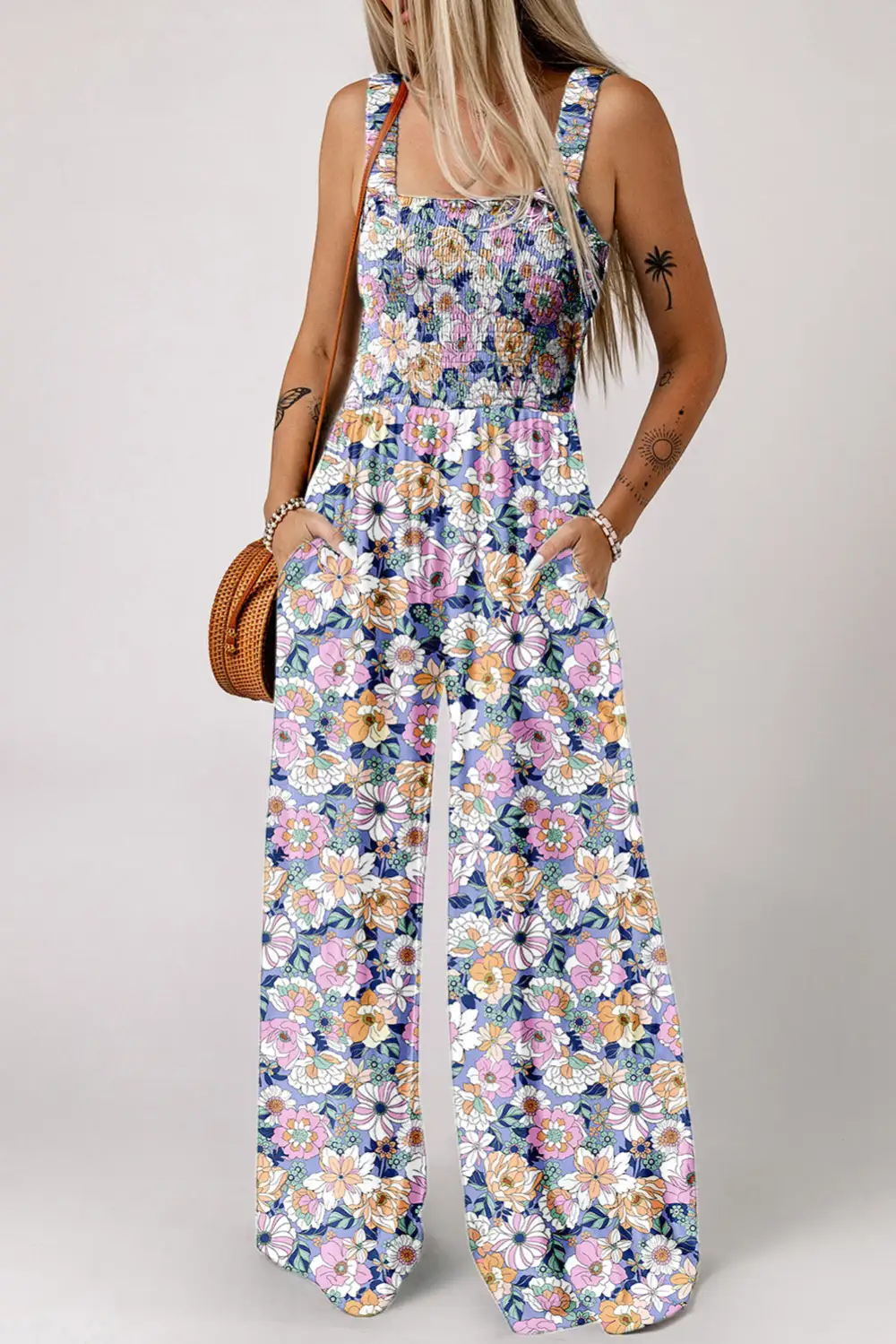 Floral Square Neckline Stretch High Waist Jumpsuit