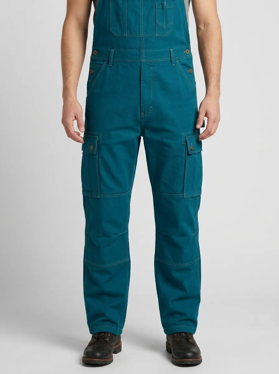 Men's Olive Green Side-Button Utility Cargo Overalls