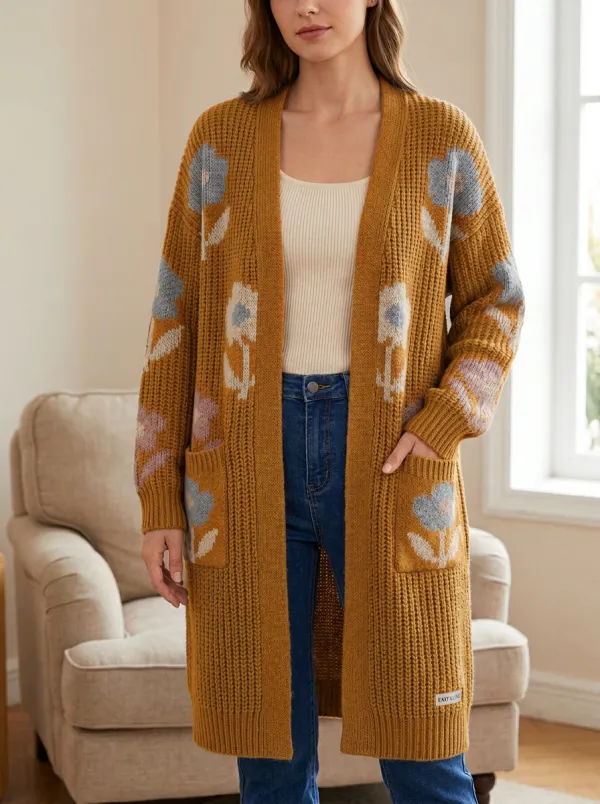 Women's Floral Flower Pattern Knit Long Cardigan