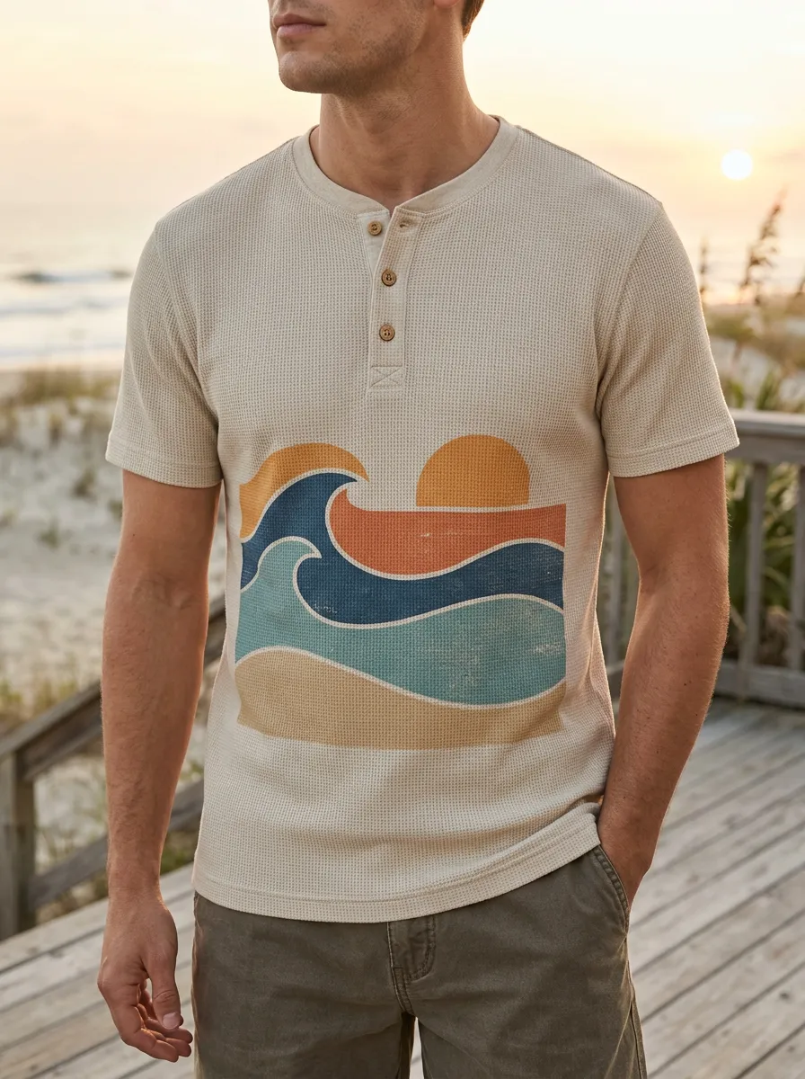 Men's Classic Beach Lover Retro Sunset Wave Henley T-Shirt