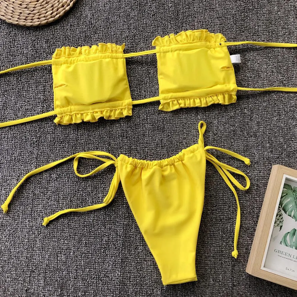 Frill Trim Ruched Bikini Swim Set