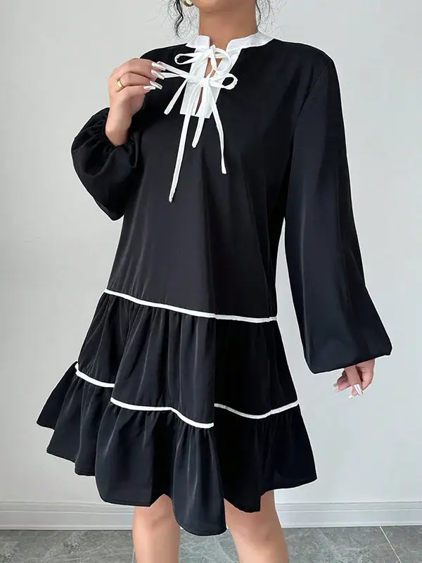 A Line Long Sleeve Elasticity Pleated Tied V Neck Mini Dress