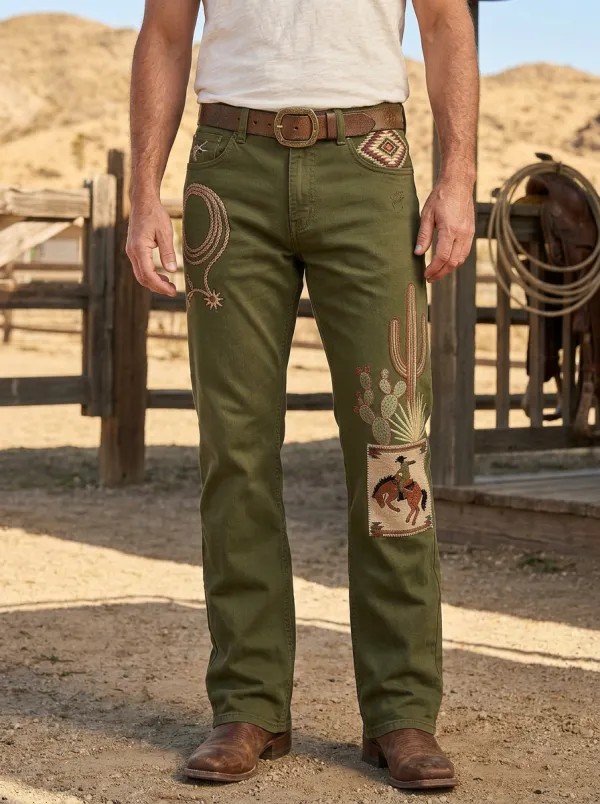 Men's Western Cowboy Cactus Lasso Printed Jeans