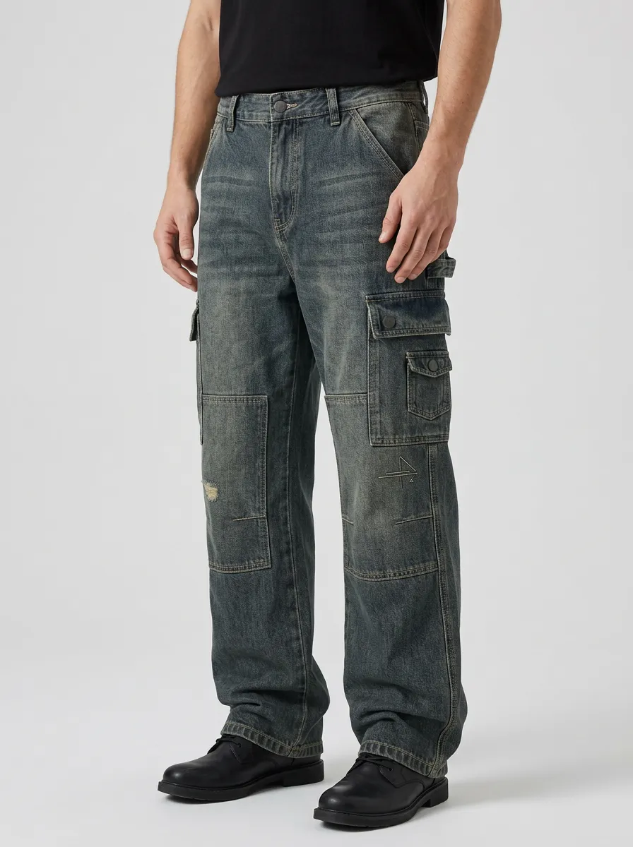 Men's Vintage Washed Distressed Cargo Denim Pants