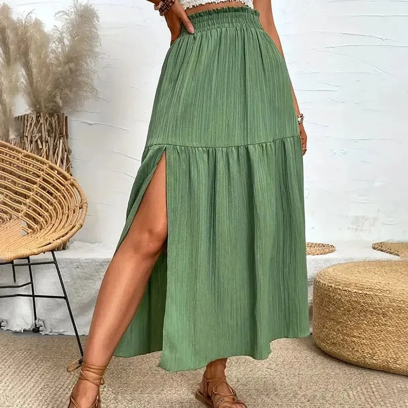 Layered Ruffle Side Slit Midi Skirt