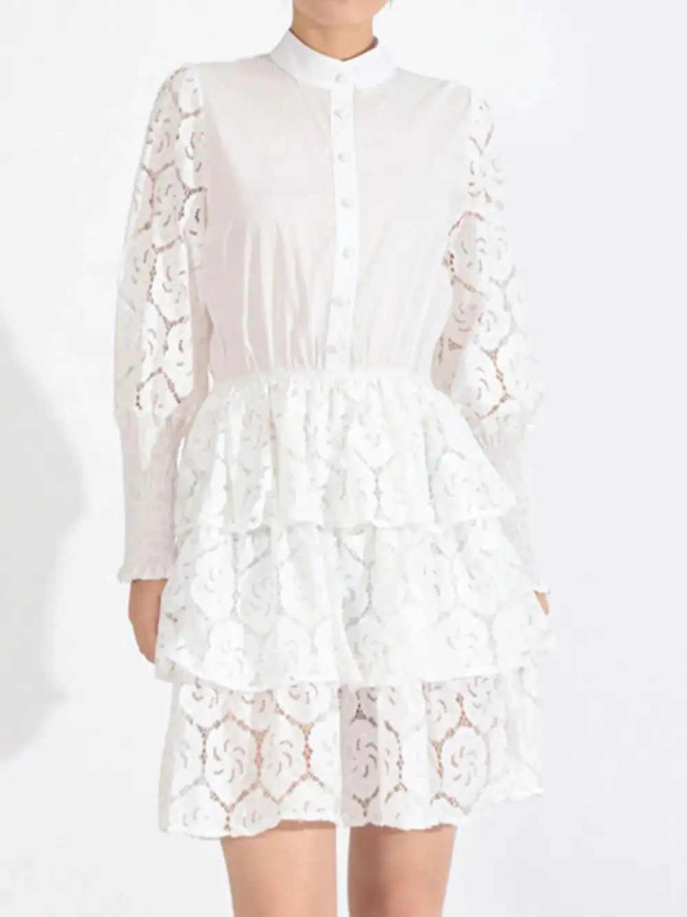 Textured Detail Lace Long Sleeve Dress