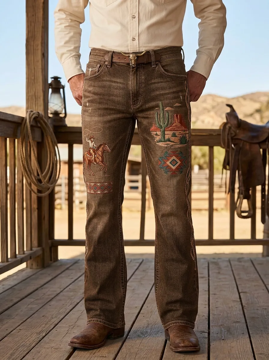 Men's Classic Western Cowboy Cactus Desert Jeans