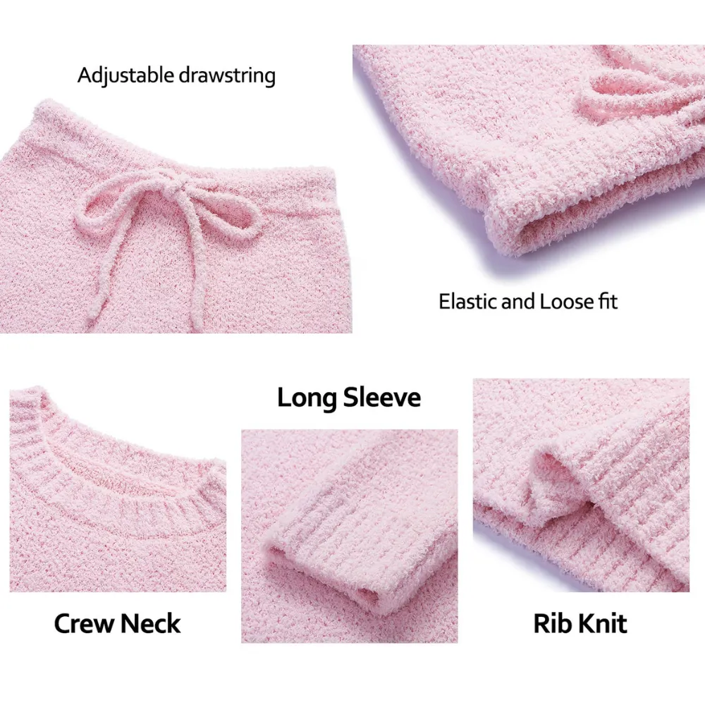 Womens Fuzzy Fleece Long Sleeve 2 Piece Loungewear Outfits Sweater Pants Pajama Sets