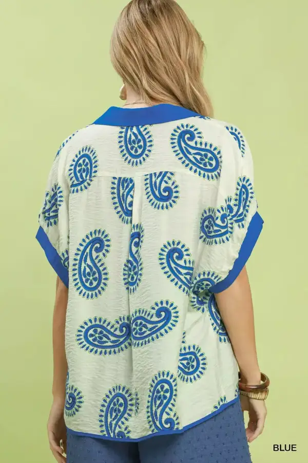 Boho Paisley Print Contrast Trim Blouse