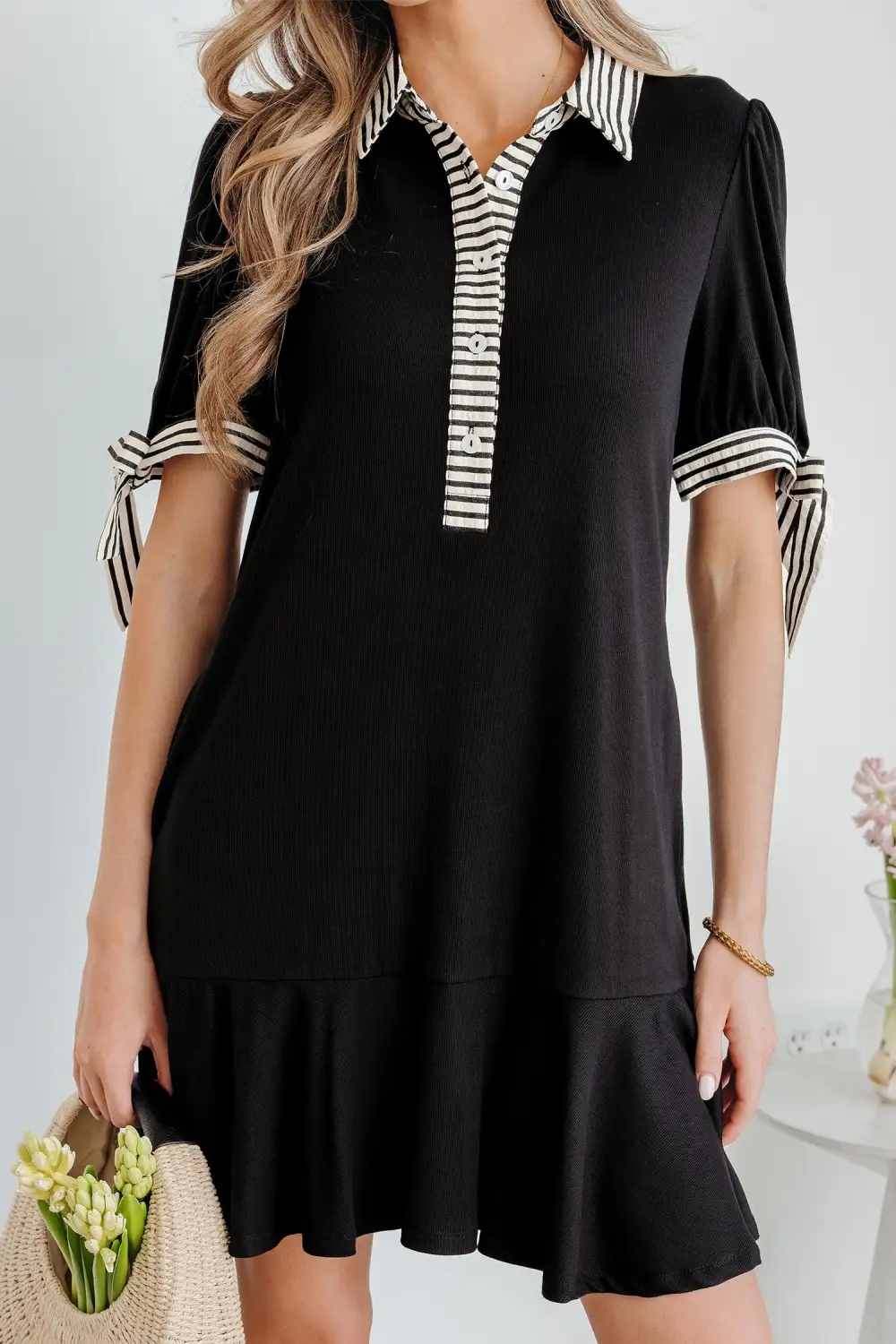 Striped Half Button Short Sleeve Mini Dress