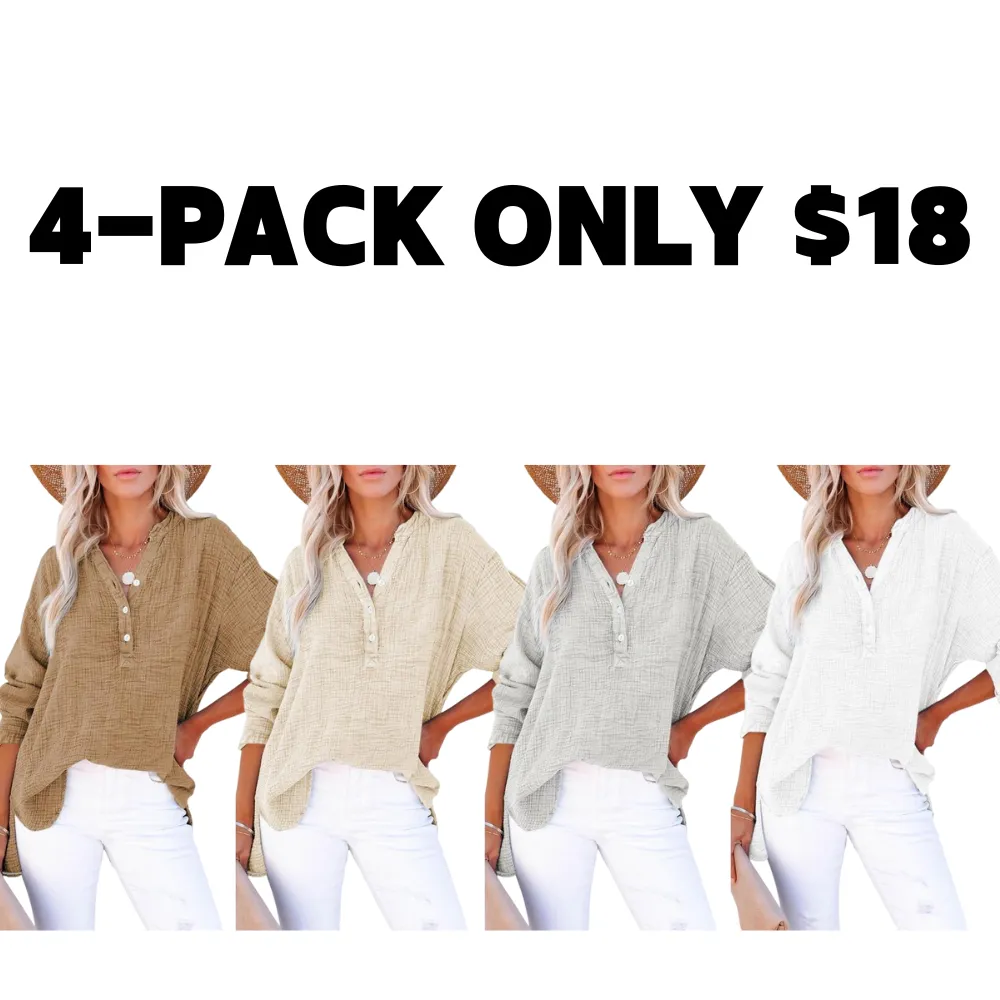 Women's Casual Button V Neck Long Sleeve Shirts Oversized Solid Blouses Tops 100% Cotton