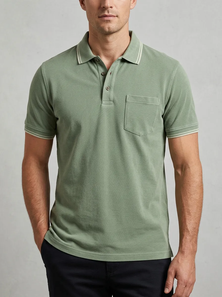 Men's Sage Green Pocket Tipped Collar Polo Shirt